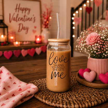 Love ME 20oz glass cup Gia Roma with cork lid and clear straw, tan iced coffee on Tampa Home & Garden Store