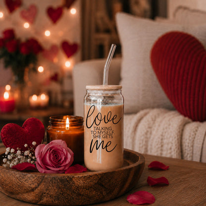 Love ME 20oz glass cup with clear straw Gia Roma drinkware in beige gradient on Tampa Home & Garden Store