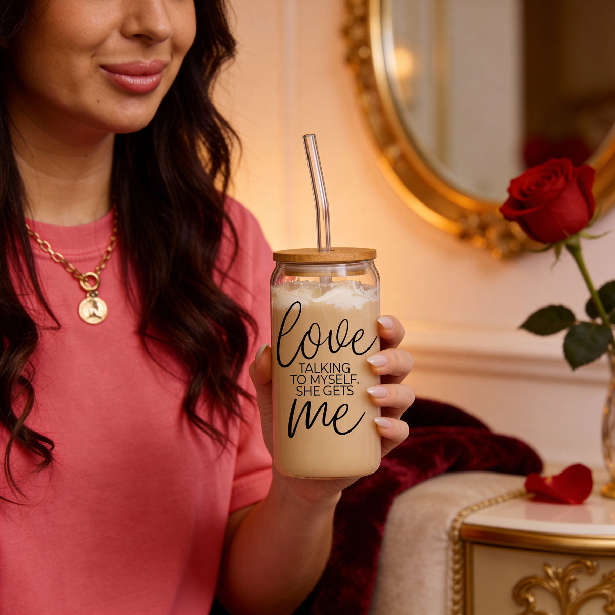 Love ME 20oz glass cup by Gia Roma with straw, beige drink held by woman on Tampa Home & Garden Store