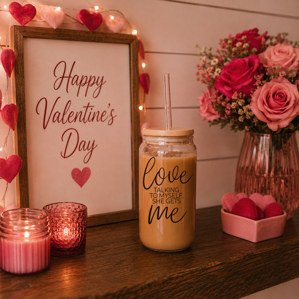Love ME 20oz glass cup by Gia Roma with wooden lid and straw on Tampa Home & Garden Store