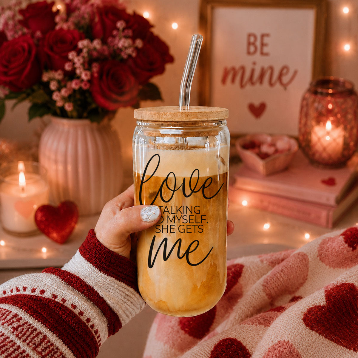 Love ME 20oz glass cup by Gia Roma with cork lid and metal straw in warm cozy setting on Tampa Home & Garden Store