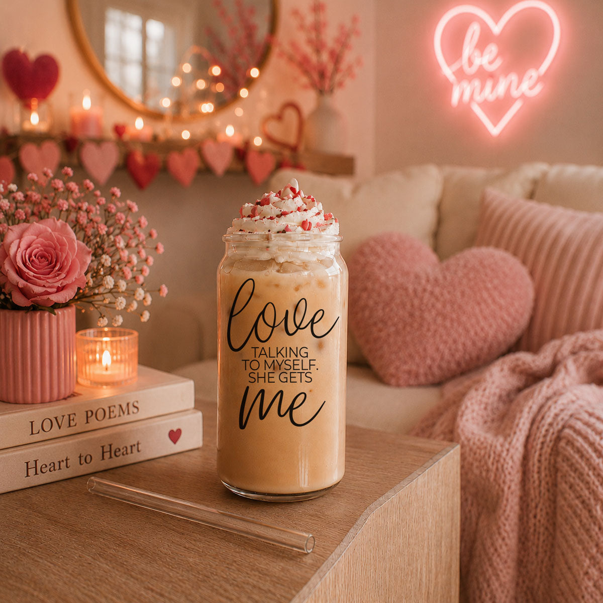 Love ME 20oz glass cup by Gia Roma with whipped cream and red heart sprinkles on Tampa Home & Garden Store