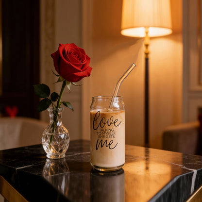 Love ME 20oz glass cup with iced coffee and straw on marble table beside red rose in vase on Tampa Home & Garden Store