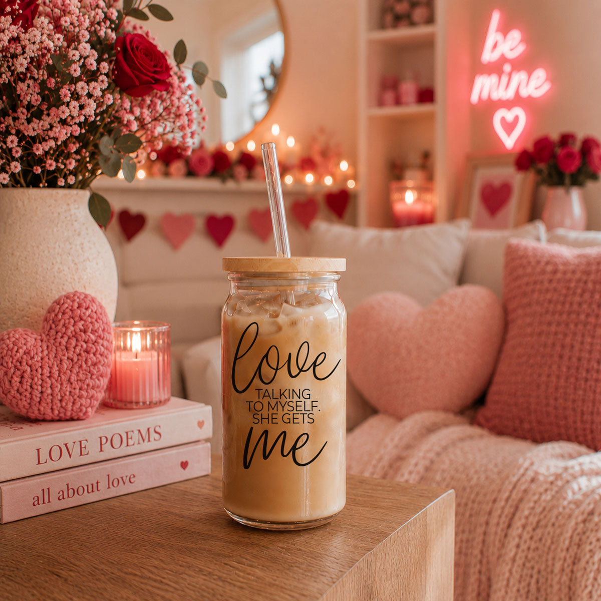 Love ME 20oz glass cup with straw, clear glass drinkware by Gia Roma on Tampa Home & Garden Store