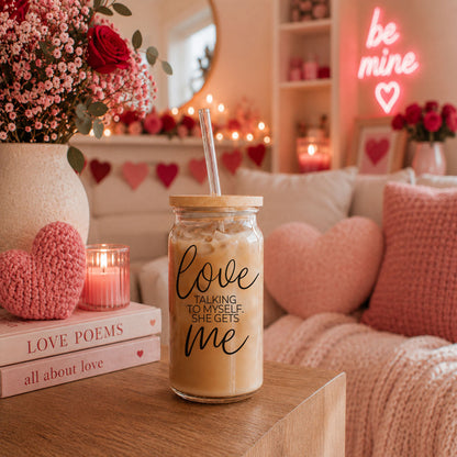 Love ME 20oz glass cup with straw, clear glass drinkware by Gia Roma on Tampa Home & Garden Store