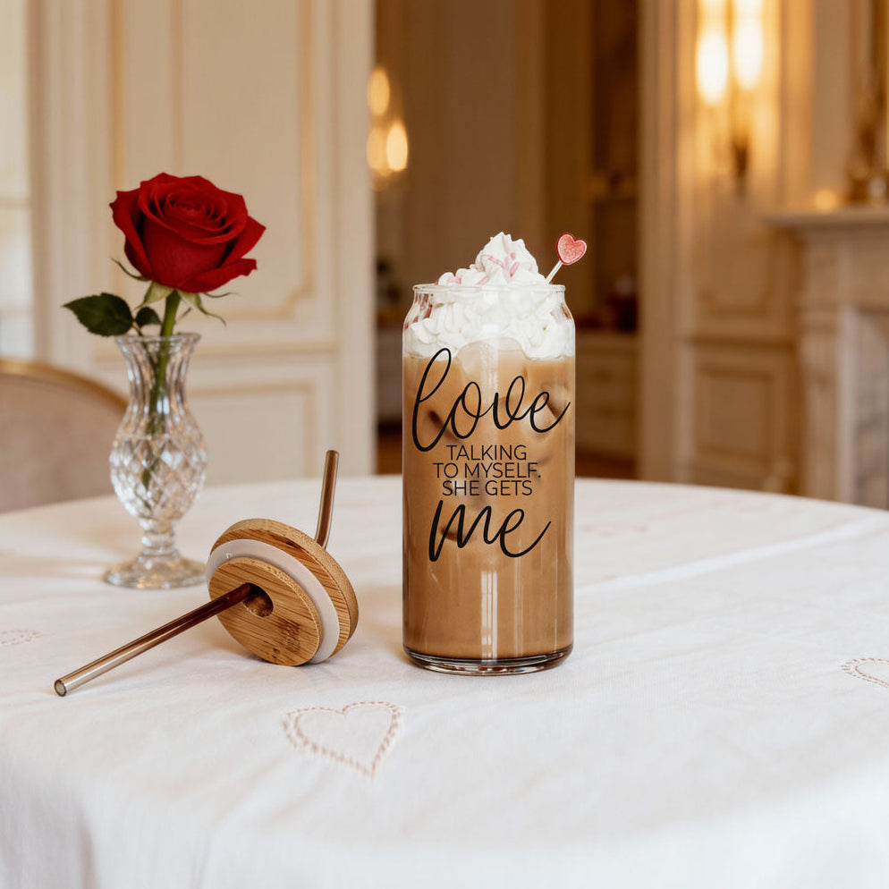 Love ME 20oz glass cup by Gia Roma with whipped cream topping and heart pick on Tampa Home & Garden Store