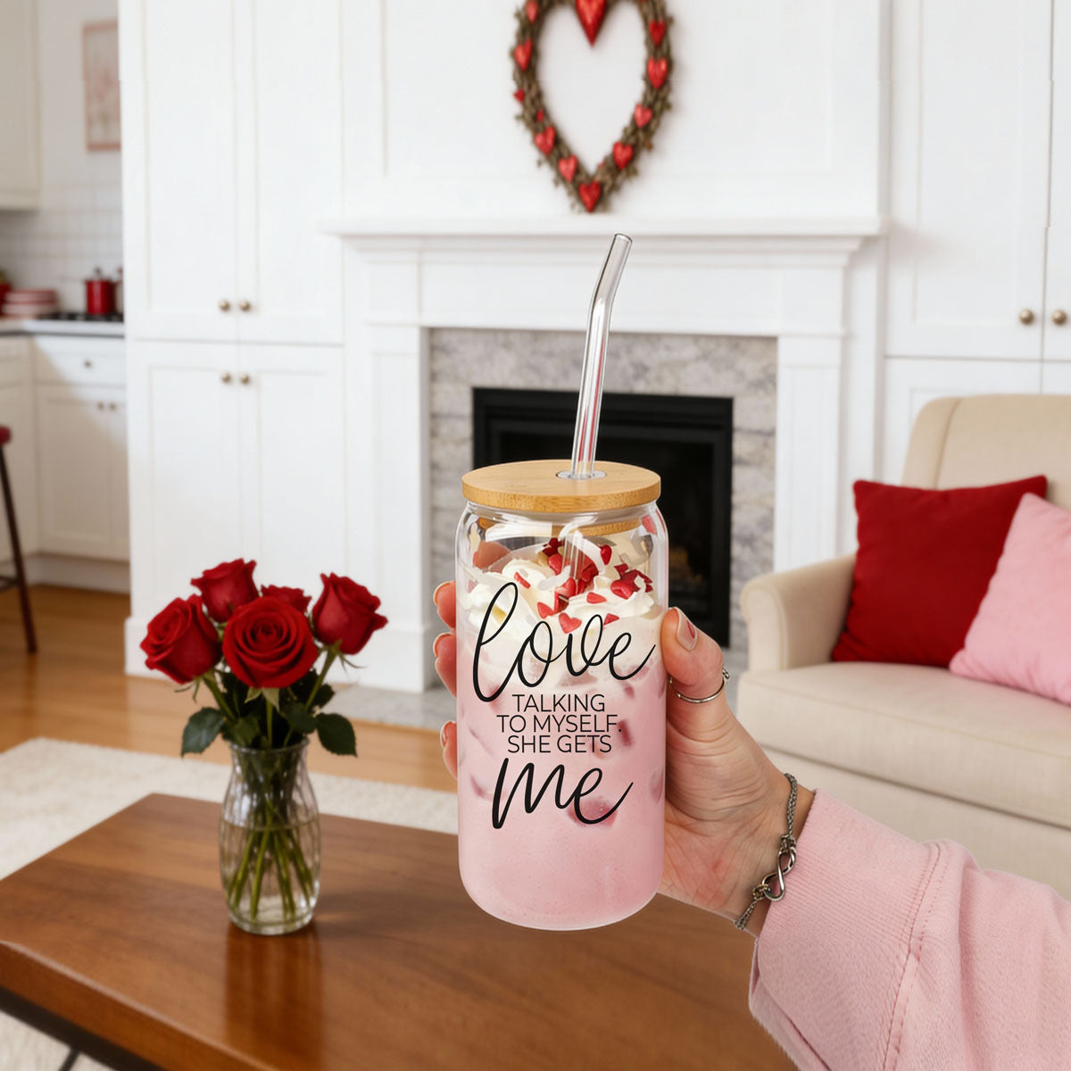 Love ME 20oz glass cup by Gia Roma with bamboo lid and straw, pink gradient with hearts on Tampa Home & Garden Store