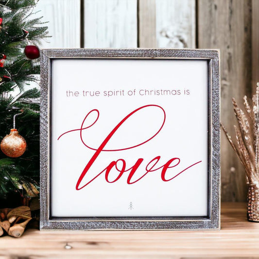True Spirit 10in Christmas Sign by Gia Roma with white panel, red Love script in a silver frame on Tampa Home & Garden Store
