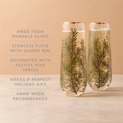 Woodland Stemless Champagne Flute Set by Twine Living, 2-piece with gold rims and pine sprig print on Tampa Home & Garden Store
