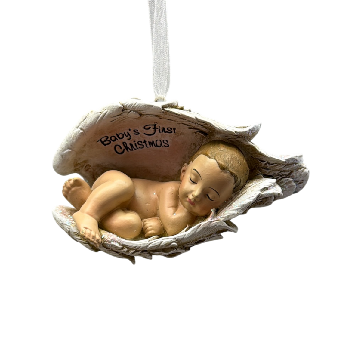 Baby's First Christmas Wings Ornament sleeping baby in a nest with white ribbon hanger on Tampa Home & Garden Store