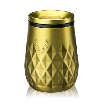 Paragon stainless steel wine tumbler in gold with black band and leaf motif on Tampa Home & Garden Store