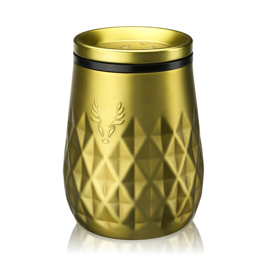 Paragon stainless steel wine tumbler in gold with black band and leaf motif on Tampa Home & Garden Store