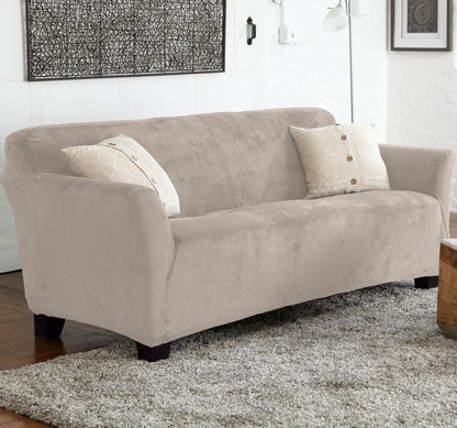 Velvet Stretch Slipcover Gale Collection on beige sofa with cream pillows Great Bay Home on Tampa Home & Garden Store