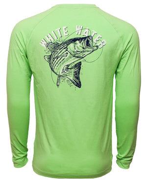 Bass Graphic Performance Tee long sleeves lime green by White Water Life with back bass graphic on Tampa Home & Garden Store