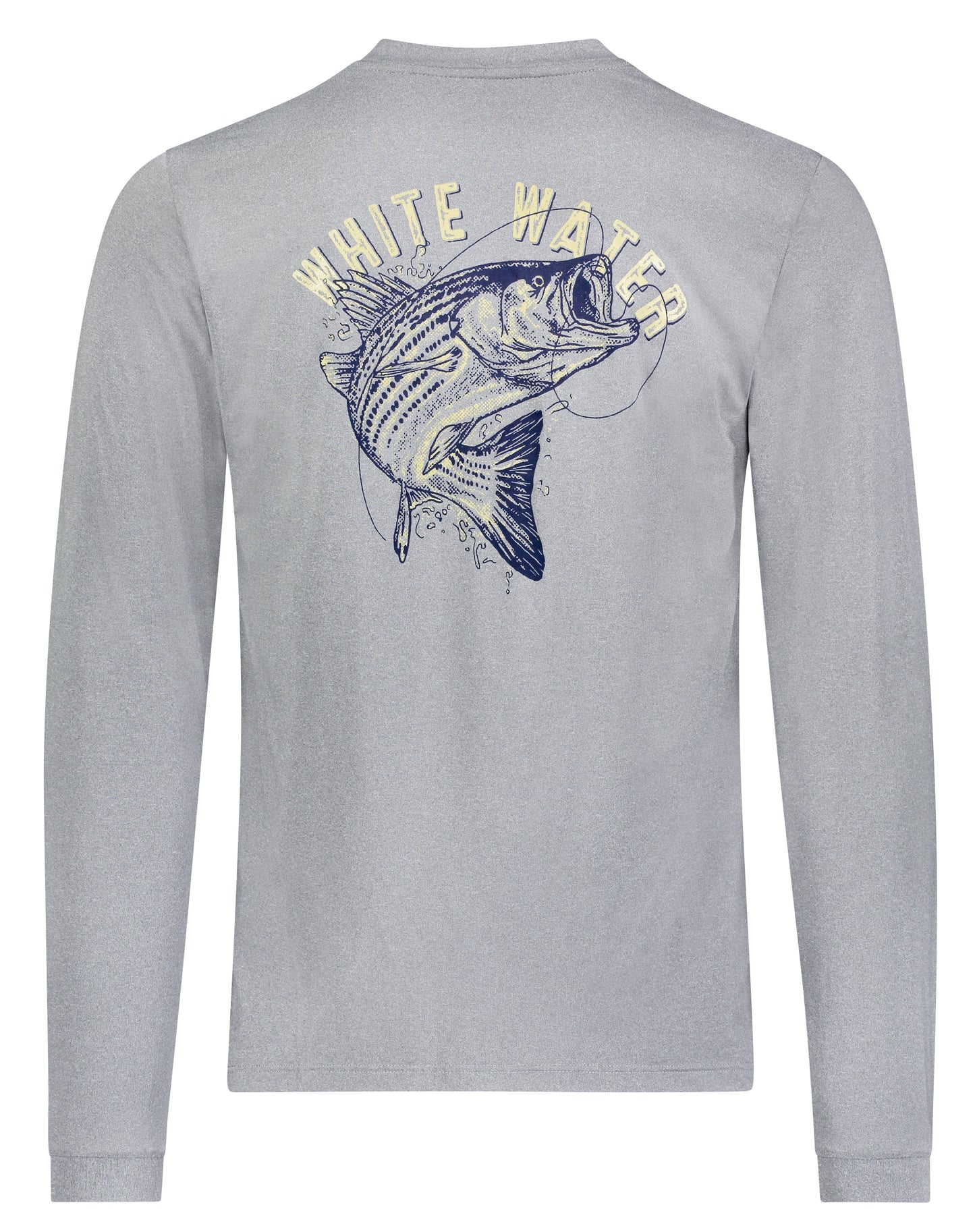 Bass Graphic Performance Tee long sleeve with navy bass on heather gray by White Water Life on Tampa Home & Garden Store