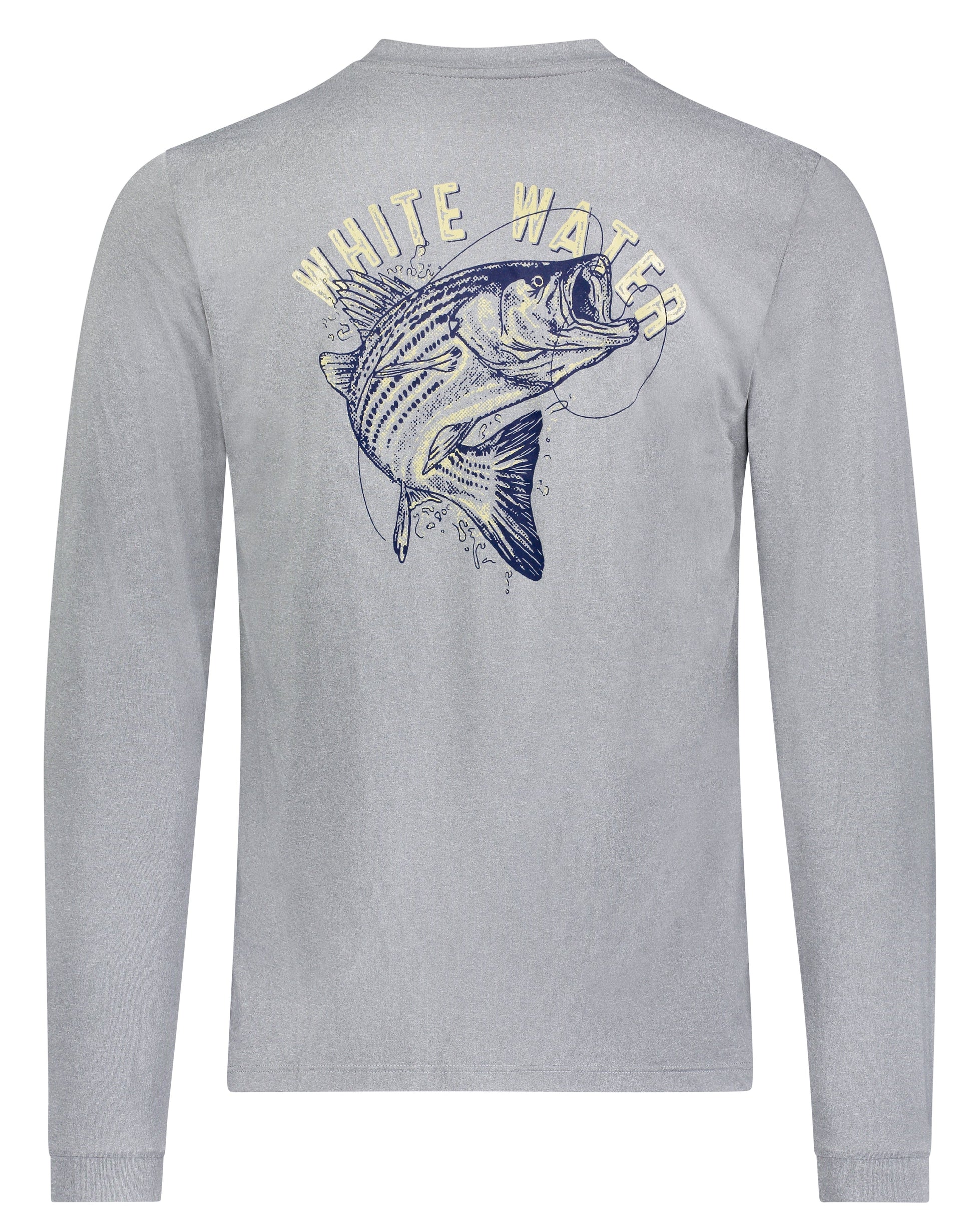 Bass Graphic Performance Tee long sleeve with navy bass on heather gray by White Water Life on Tampa Home & Garden Store