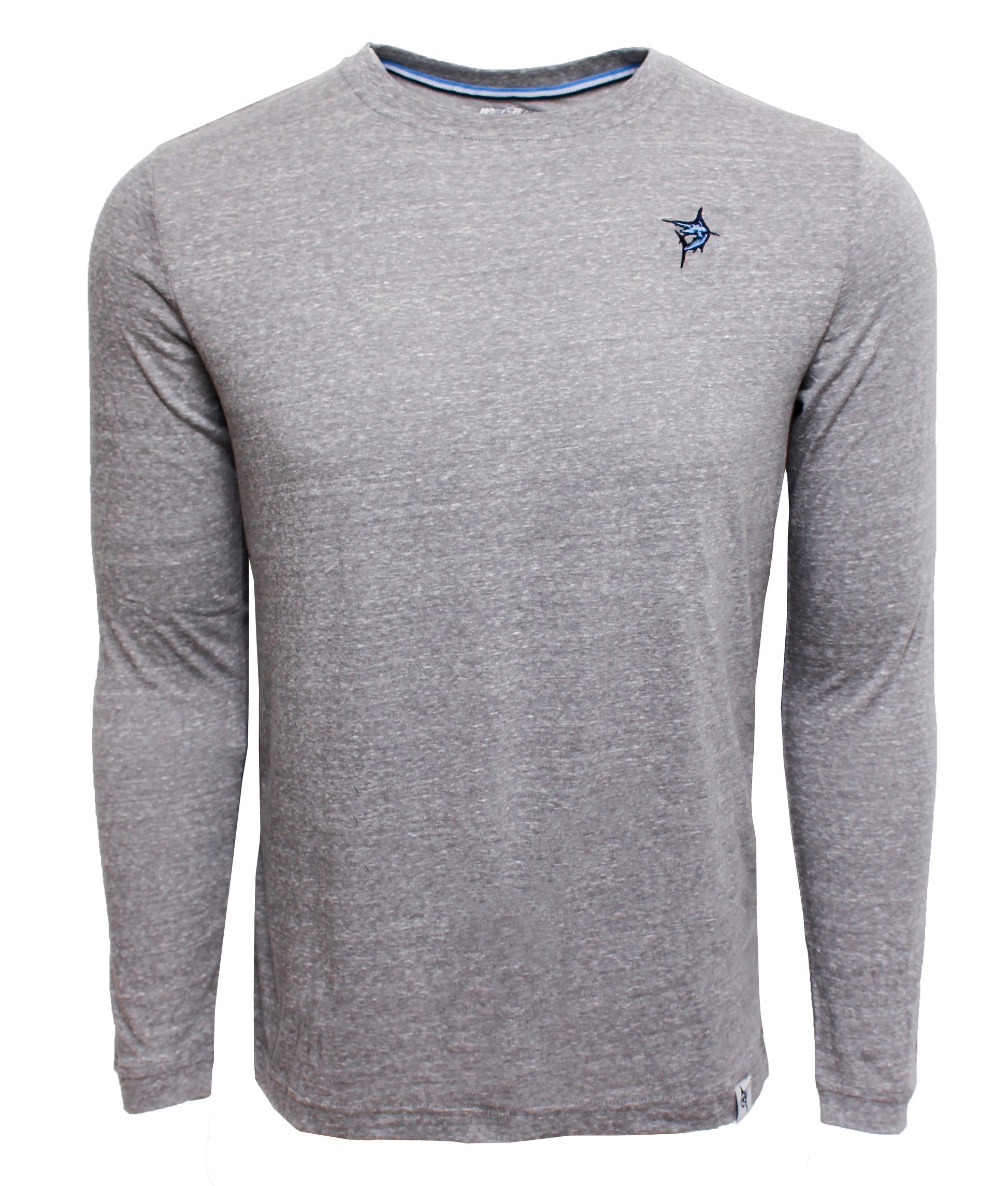 Oasis LS Tee long sleeve heather gray shirt with small blue logo on left chest on Tampa Home & Garden Store
