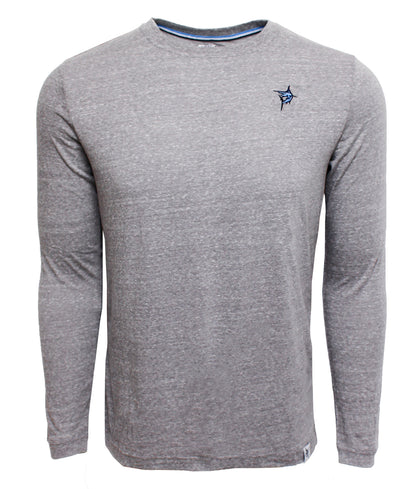 Oasis LS Tee long sleeve heather gray shirt with small blue logo on left chest on Tampa Home & Garden Store