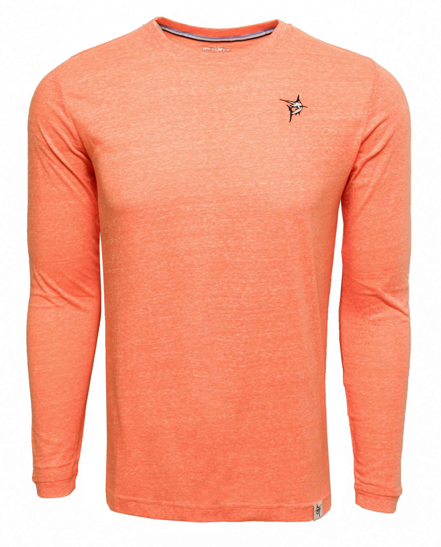 Oasis LS Tee long sleeve coral heather shirt with small left-chest bird logo and White Water Life brand tag at hem on Tampa Home & Garden Store