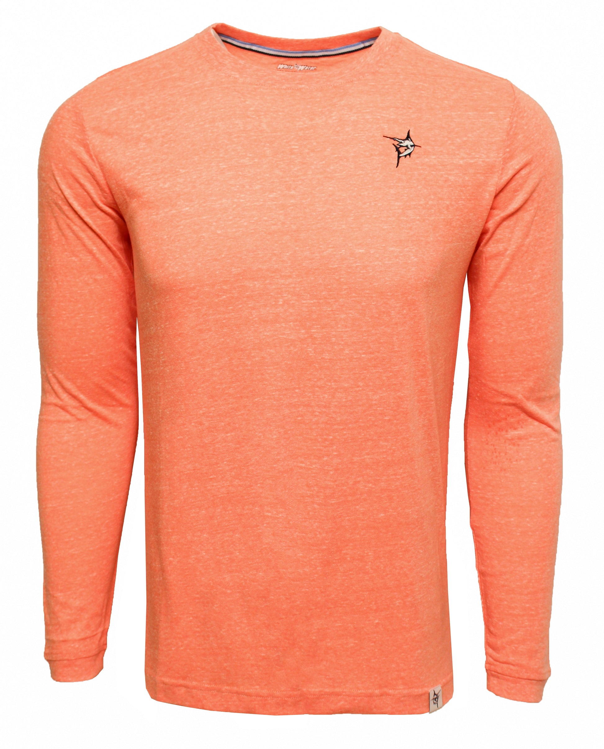 Oasis LS Tee long sleeve coral heather shirt with small left-chest bird logo and White Water Life brand tag at hem on Tampa Home & Garden Store