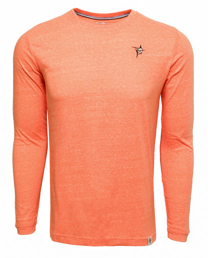 Oasis LS Tee long sleeve coral heather shirt with small left-chest bird logo and White Water Life brand tag at hem on Tampa Home & Garden Store