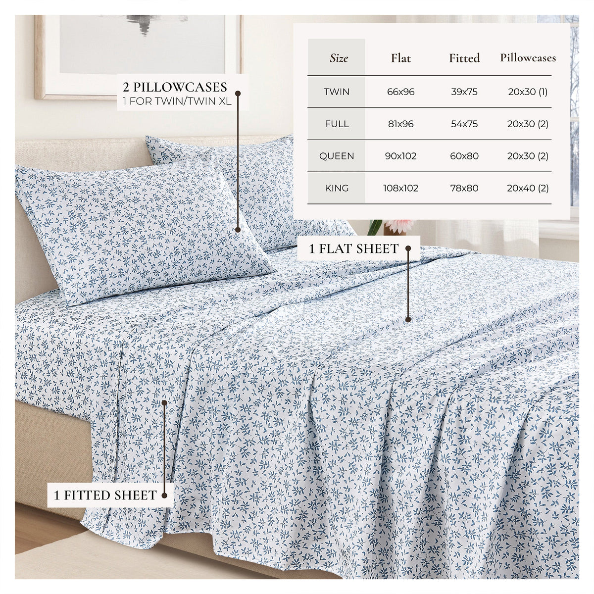 Printed Sheet Set Baylor Collection by Great Bay Home blue floral sheets with 2 pillowcases on Tampa Home & Garden Store