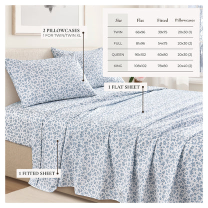 Printed Sheet Set Baylor Collection by Great Bay Home blue floral sheets with 2 pillowcases on Tampa Home & Garden Store