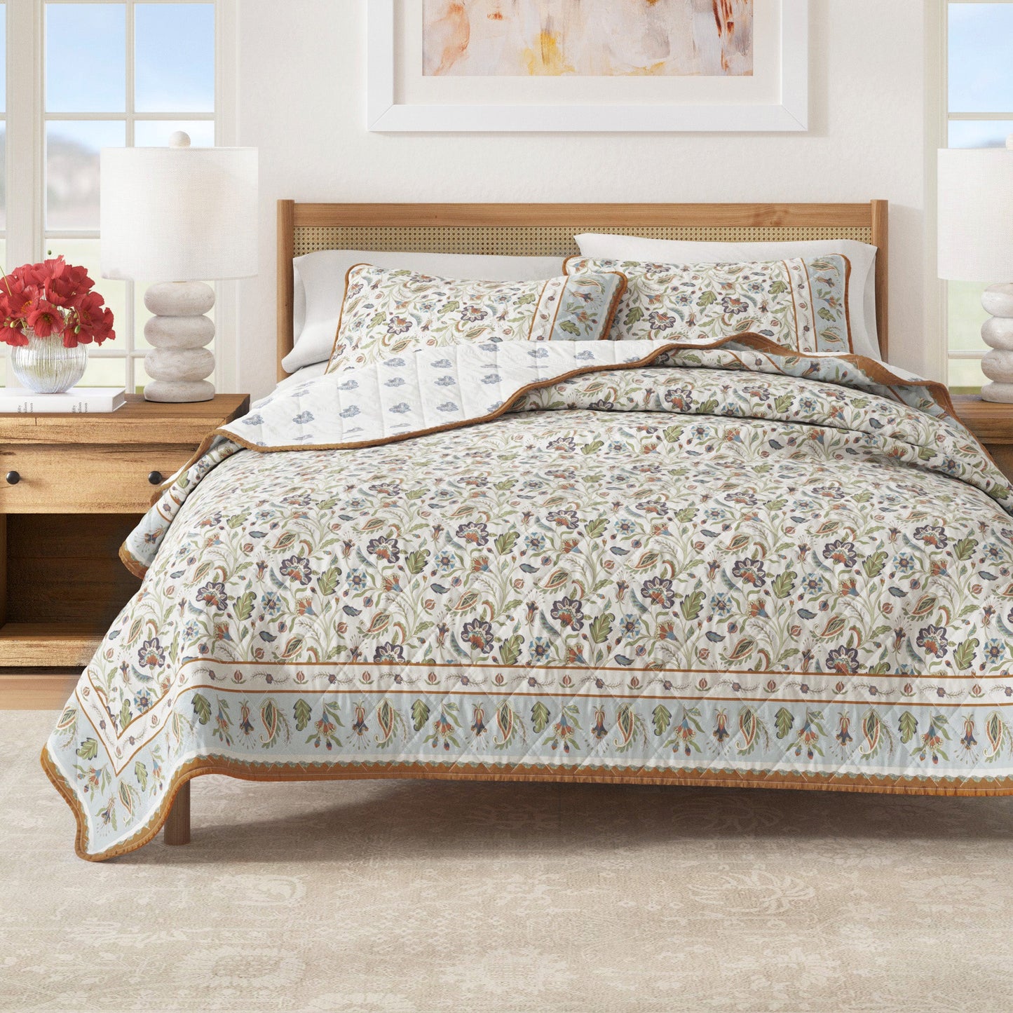 Reversible Floral Boho Cotton Quilt And Sham