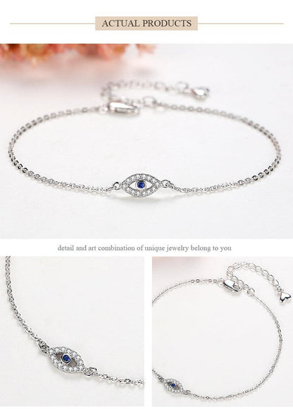 Stevvex eye bracelet in sterling silver with blue CZ center and pave crystals, chain on Tampa Home & Garden Store