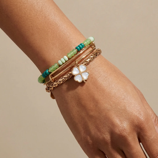 ALEX AND ANI Lucky Four-Leaf Clover set of 3 bangles mint beads gold on Tampa Home Store on Tampa Home & Garden Store
