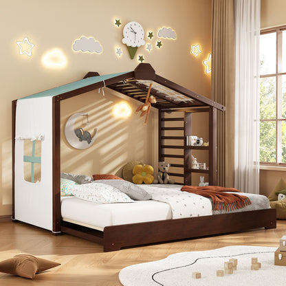 Twin size House Bed with Trundle and Side Shelves in white/espresso pine & plywood on Tampa Home & Garden Store