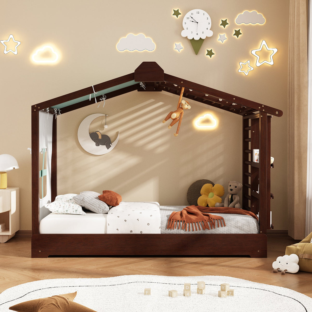 Twin size house bed with trundle and side shelves in espresso finish, pine & plywood frame on Tampa Home & Garden Store