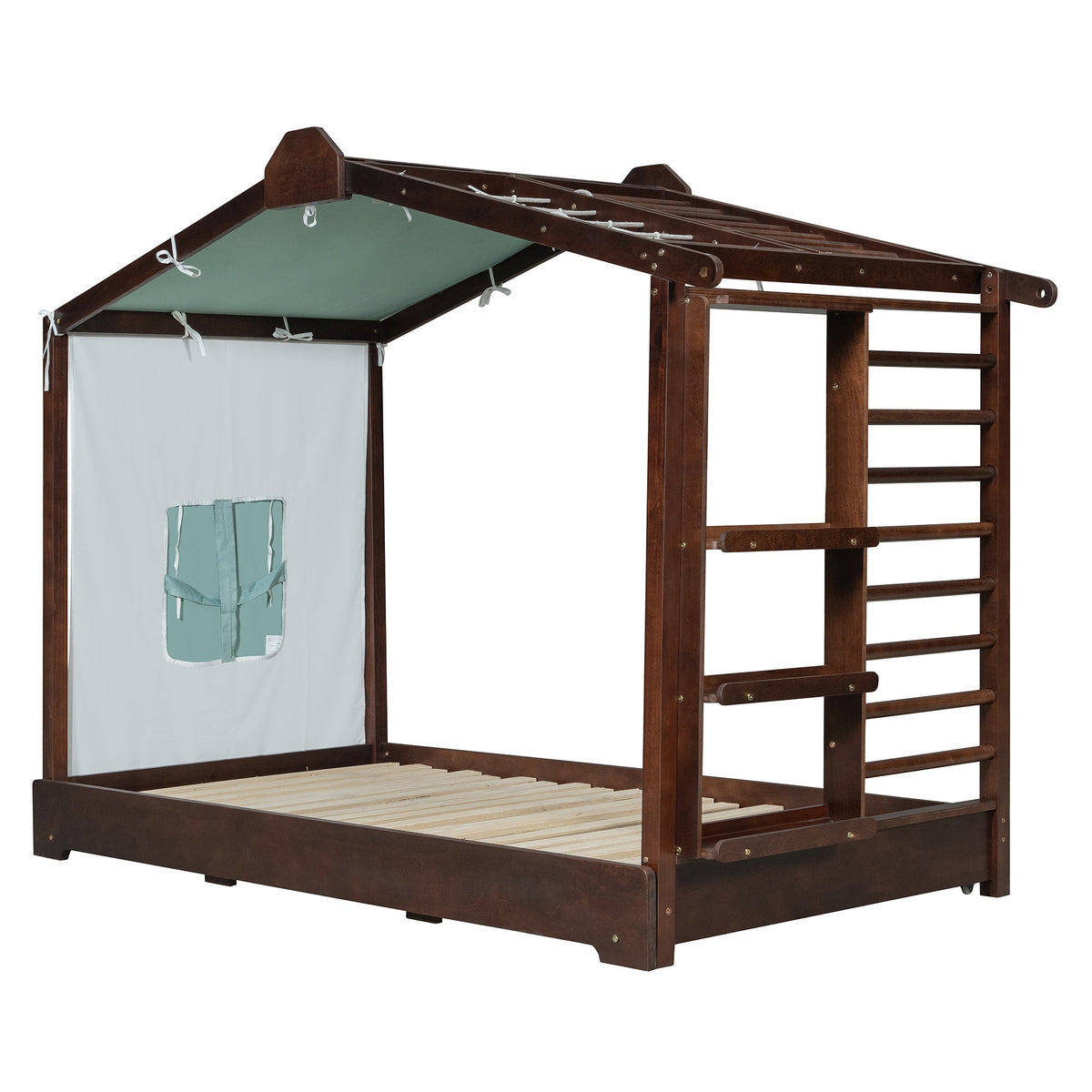 Twin size house bed frame with trundle and side shelves in espresso finish by HouseOfZazla on Tampa Home & Garden Store