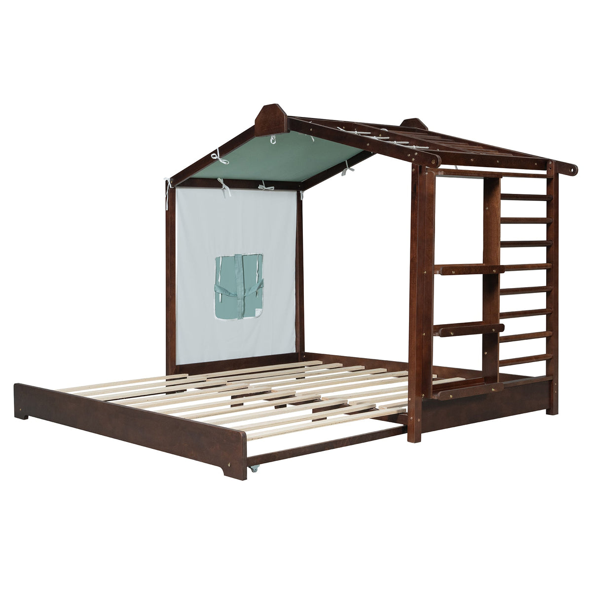 Twin size house bed in espresso finish with canopy tent, ladder, and slatted base on Tampa Home & Garden Store