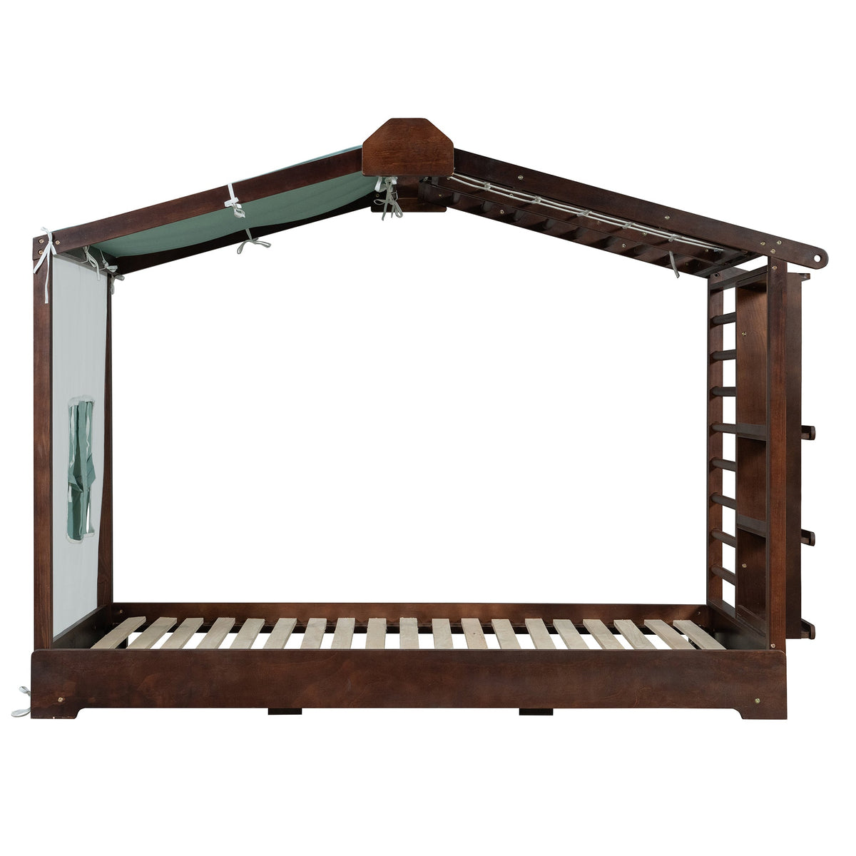 Twin size house bed frame by HouseOfZazla in espresso finish with canopy and side shelves on Tampa Home & Garden Store