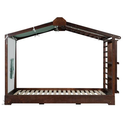 Twin size house bed frame by HouseOfZazla in espresso finish with canopy and side shelves on Tampa Home & Garden Store