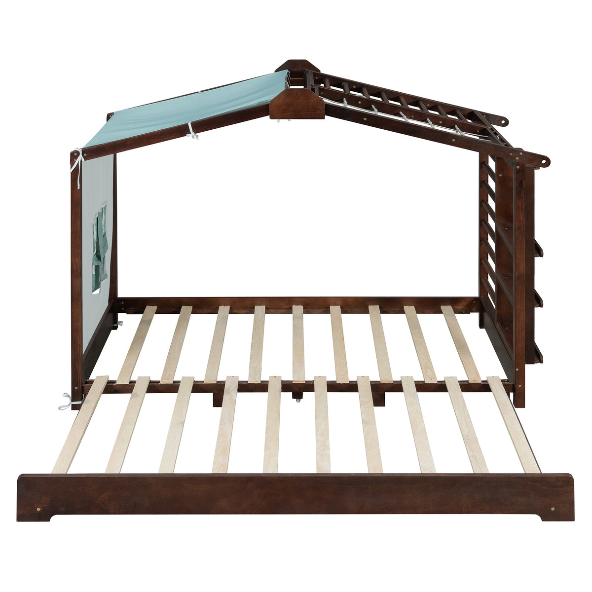 Twin size house bed frame with trundle in espresso finish and wooden slat base on Tampa Home & Garden Store