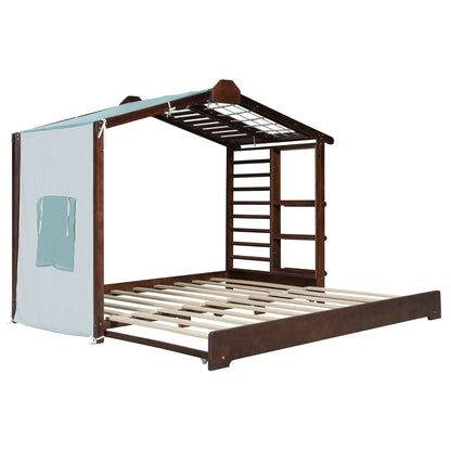 Twin size house bed with trundle and side shelves in espresso wood by HouseOfZazla on Tampa Home & Garden Store