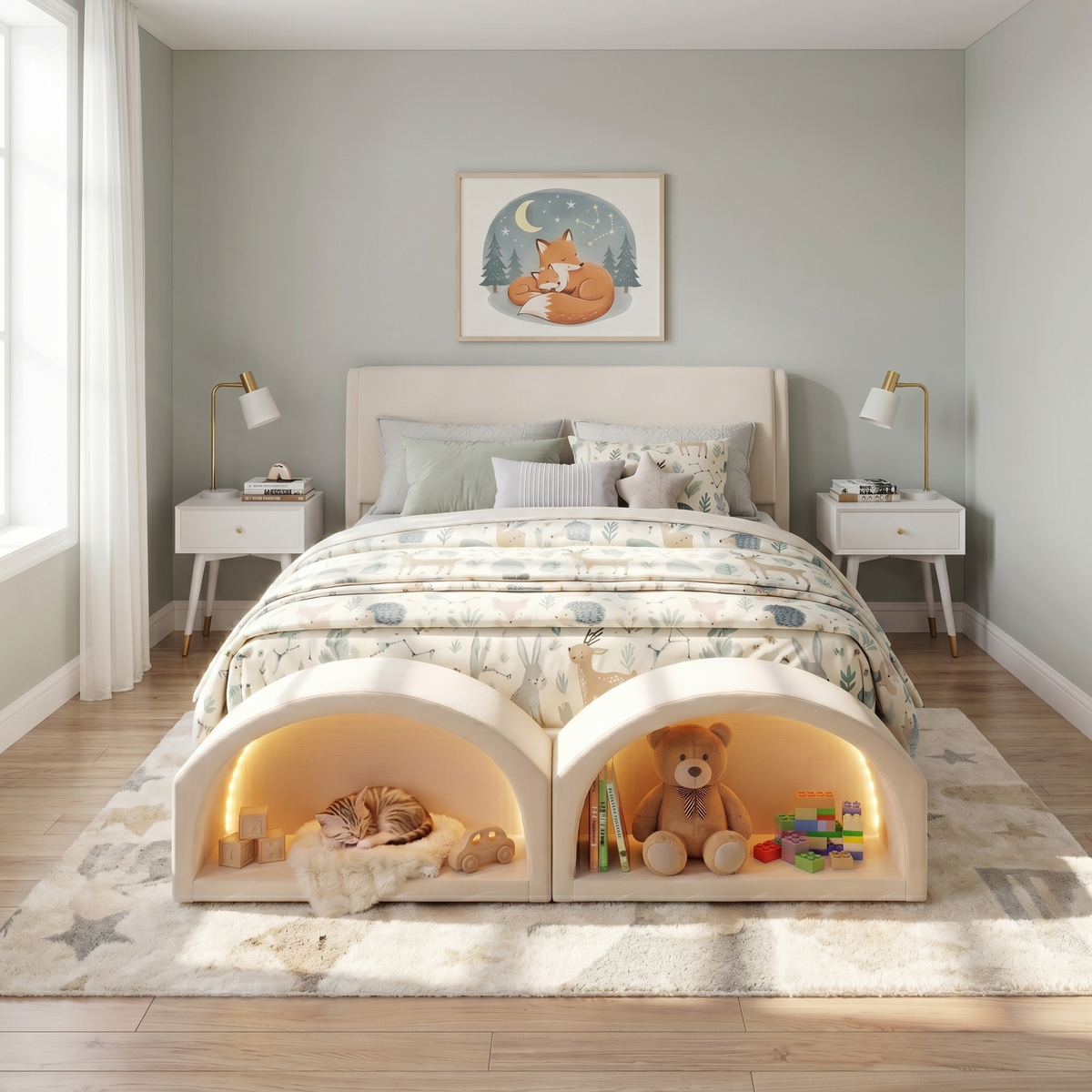 Queen Size Upholstered Platform Bed Frame beige fabric, cushioned headboard HouseOfZazla on Tampa Home & Garden Store