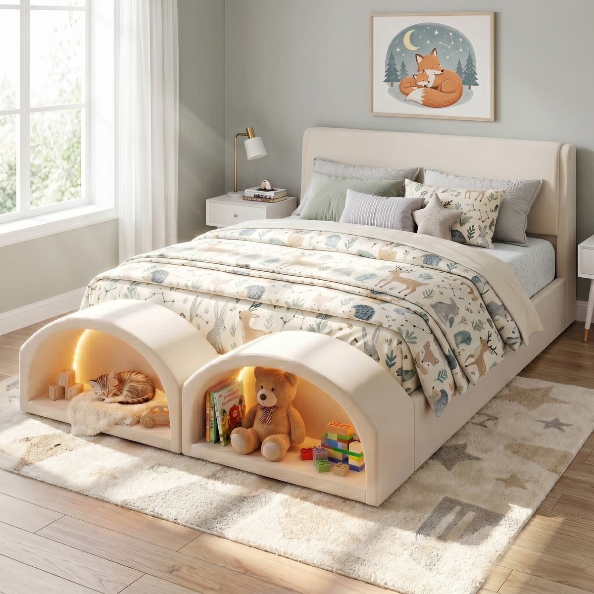 Queen Size Upholstered Platform Bed Frame in beige with two curved storage cubbies at foot on Tampa Home & Garden Store