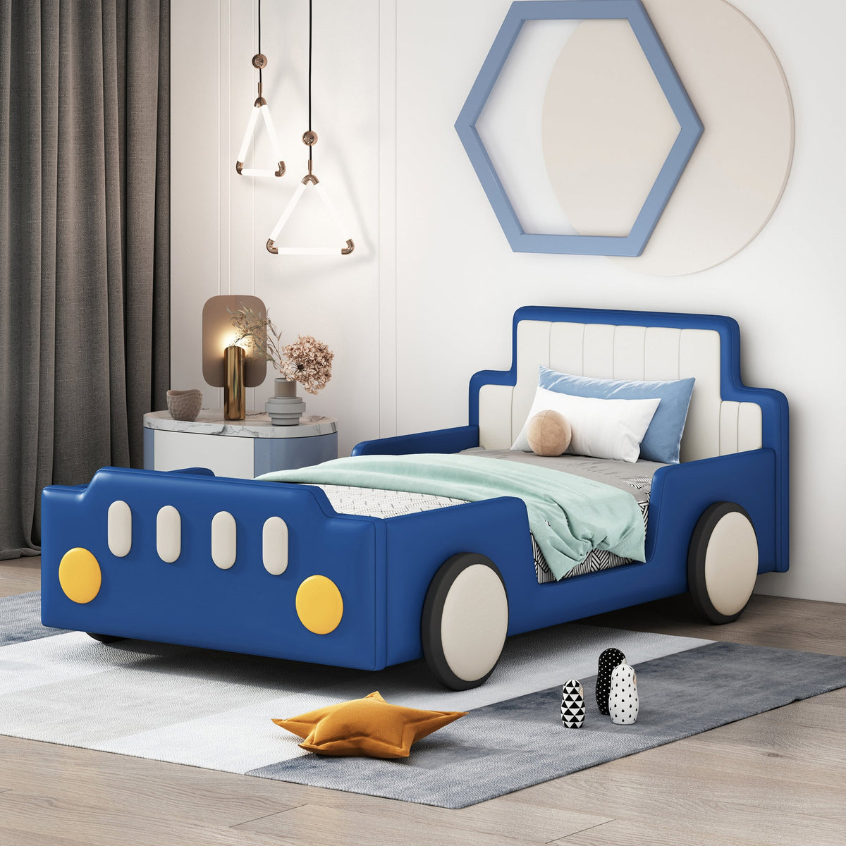 Twin size Race Car-Shaped Bed with Safety Rails blue red by HouseOfZazla featuring white panels on Tampa Home & Garden Store