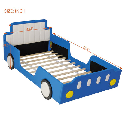 Twin size race car bed with blue safety rails and white headboard by HouseOfZazla on Tampa Home & Garden Store