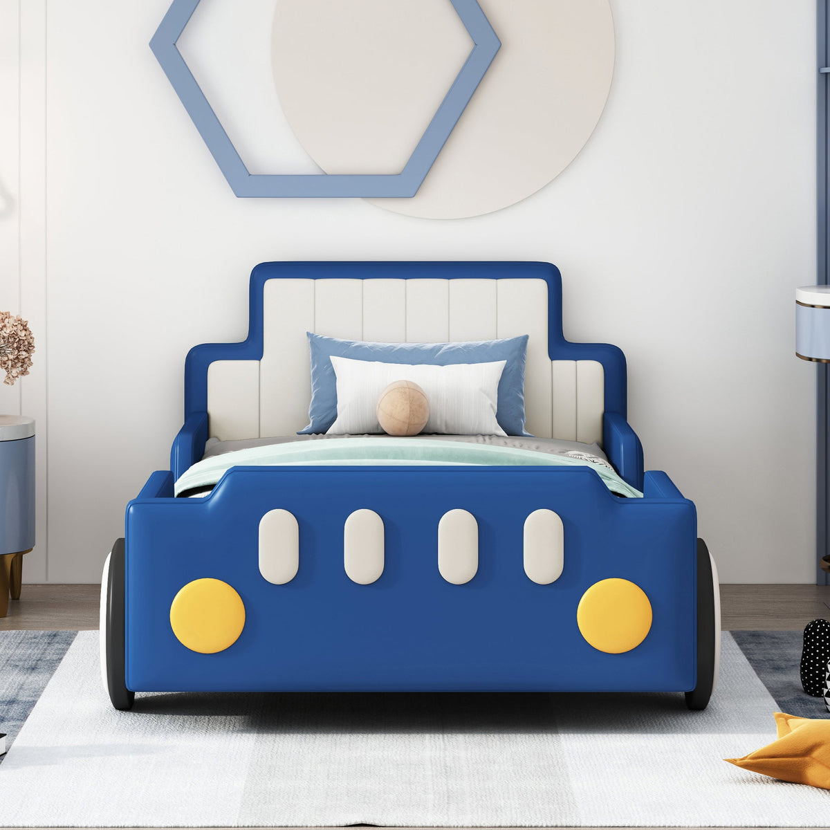 Twin size race car-shaped platform bed with safety rails in blue and white on Tampa Home & Garden Store