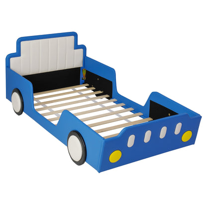 Blue twin size race car-shaped platform bed with padded headboard and safety rails, slats on Tampa Home & Garden Store