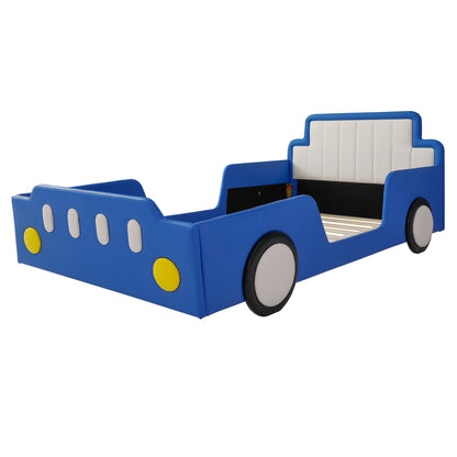 Twin size race car bed with safety rails, blue frame and white panels by HouseOfZazla on Tampa Home & Garden Store
