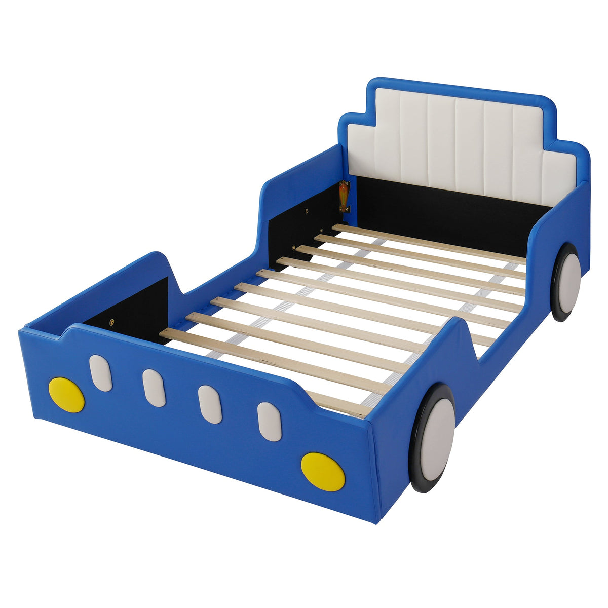Twin size race car bed by HouseOfZazla with blue frame and white padded headboard safety rails on Tampa Home & Garden Store