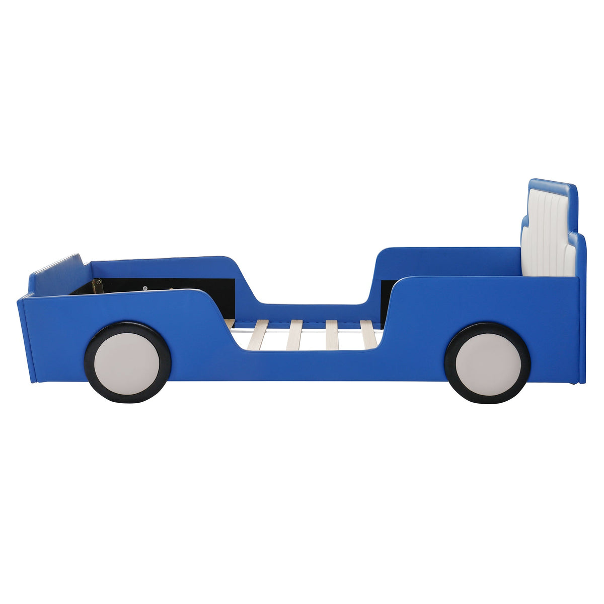 Blue twin size race car bed with safety rails and white headboard by HouseOfZazla on Tampa Home & Garden Store