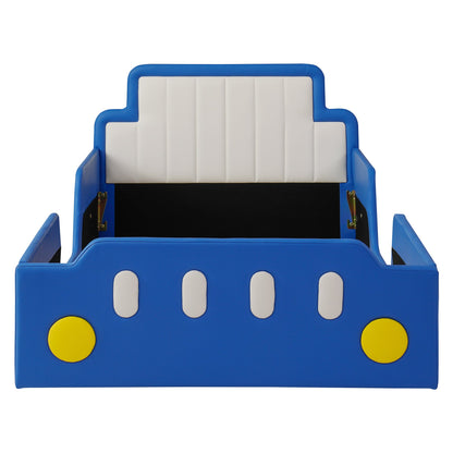 Twin size race car bed with blue frame and white headboard, safety rails HouseOfZazla on Tampa Home & Garden Store