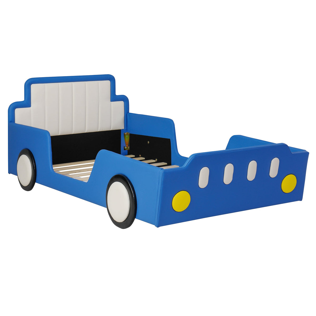 Twin size race car platform bed with safety rails blue frame and white padded headboard on Tampa Home & Garden Store