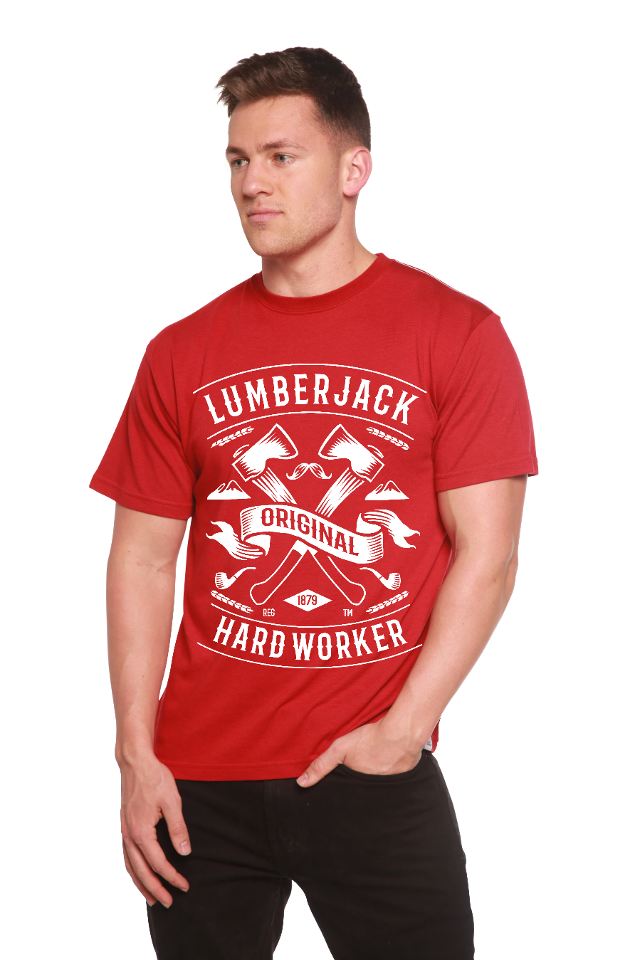 LumberJack men's red graphic T-shirt bamboo viscose/organic cotton blend white print by Spun Bamboo on Tampa Home & Garden Store